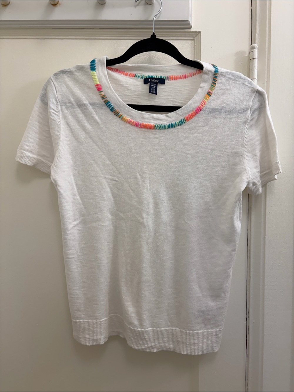 Hatley White Short Sleeve Top with Rainbow Neck Trim